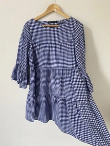 Zara Woman Dress Medium Blue White Gingham Tier Knee Length Flounce 3/4 Sleeve - Picture 1 of 7