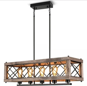 MantoLite Farmhouse Wood Rustic Industrial Chandeliers, 927-5W Light Iron Line - Picture 1 of 3