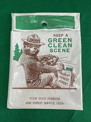 Bolsa de basura de plástico original SMOKEY THE BEAR LITTER años 60 verde escena limpia Foto 1 de 4