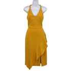 Harlyn Yellow Sheath Dress S Sleeveless V-Neck Asymmetrical Ruffled Slit Stretch