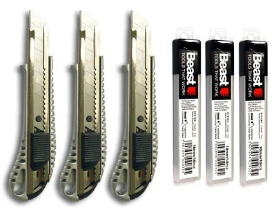 SET 3 Stück Profi Cuttermesser Aluminium 18mm + 30 Ersatzklingen Abbrechklingen  - Bild 1 von 3