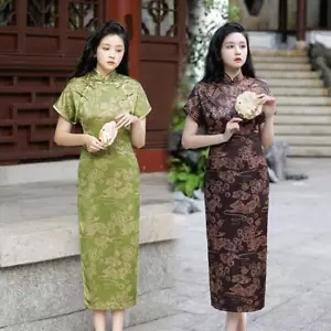 Women's Cheongsam Long Dress Chinese Style Casual Vintage Banquet Slim Formal - Picture 1 of 12