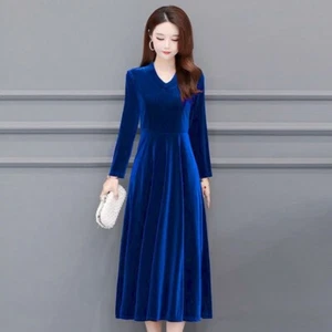Lady Midi V Neck Velvet Dress Long Sleeve Swing Evening Cocktail Elegant Dress - Picture 1 of 15