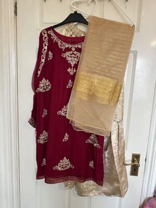 Maroon and golden gharara asian pakistani indian wedding/party wear dress - Picture 1 of 11