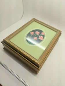 ANTIQUE Dresser Box Wood Picture Frame Mirror Lid Jewelry Rose Flower Floral - Picture 1 of 10