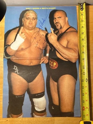 РЕДКИЙ 2x ПОДПИСАННЫЙ раскладной плакат Dusty Rhodes & Nikita Koloff 11x17 WWE WCW WWF - Изображение 1 из 4