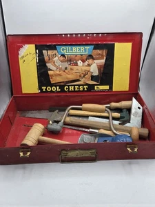 Vintage Gilbert Red Metal Tool Chest and Tools USA Childs Toolbox 50’s! READ DES - Picture 1 of 16