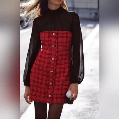 ZARA NUEVO CON ETIQUETAS Combinación Doble Tela Estructurada Tweed Rojo/Negro Mini Vestido, Talla L Foto 1 de 4