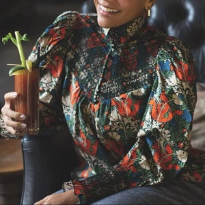 Tracy Reese Hope for Flowers Floral gesmoktes Langarmshirt Bluse (Small) - Bild 1 von 7