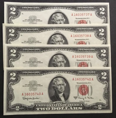A lot of 4 consecutive 1963A TWO DOLLAR RED SEAL NOTES uncirculated AA block - Image 1 of 2