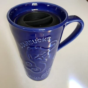 Starbucks Cobalt Blue Siren Mermaid Tall Coffee Travel Mug Ceramic Cup Complete - Picture 1 of 7