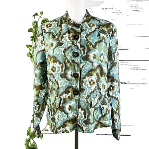 Charter Club Blazer Jacket Large Olive Green Blue Linen Floral Lagenlook Pockets - Picture 1 of 14
