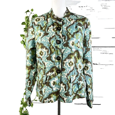 Chaqueta Blazer Charter Club Grande Verde Oliva Azul Lino Floral Bolsillos Lagenlook Foto 1 de 4