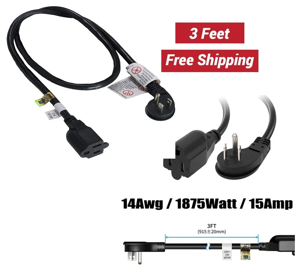 Firmerst 1875w 3 Feet Extension Cord Low Profile Flat Plug 14awg 15a Black