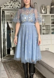 BNWT Sky Blue Tulle With Silver Embroidered & Sequins Dress Mdi Size XS/S EU 34 - Picture 1 of 12