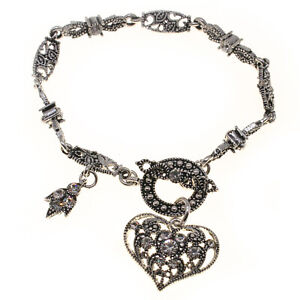 Angel Joon Women's Silver Pt Rhinestone Antique Look Heart Love Bracelet 