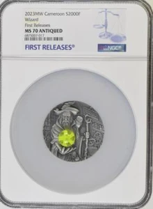 2023 Cameroon Wizard 2 oz Silver Coin NGC 70 FR Antiqued with Fluorescent Insert - Picture 1 of 6