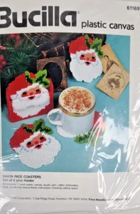 Vintage Bucilla Plastic Canvas Kit SANTA FACE COASTERS Set of 6 Plus Holder - Picture 1 of 3