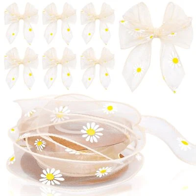 Floral Daisy Organza Ribbon Roll Daisy Flower Sheer Ribbon Beige Fabric Wrapp... - Image 1 of 4