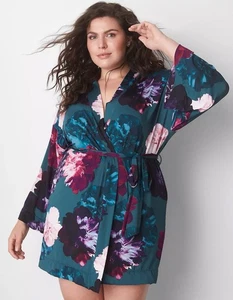 Cacique Womens Kimono Robe 30/32 Green Multi Floral Belted Short Intimates NWT - Picture 1 of 10