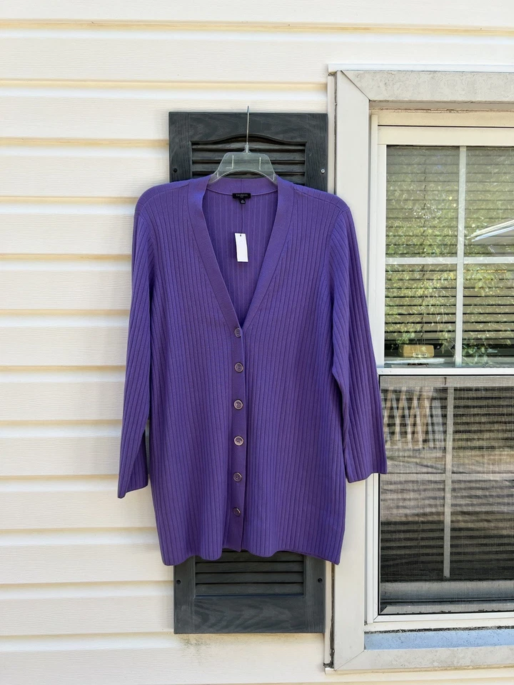NWT Talbots Pretty Lavender V-Neck Woven Stripe Long Sleeve Cardigan 3X 22W 24W - Image 1 of 4