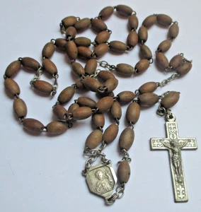 Ancien Chapelet perles bois léger croix crucifix médaille argentés bijou 5789 - Imagen 1 de 4