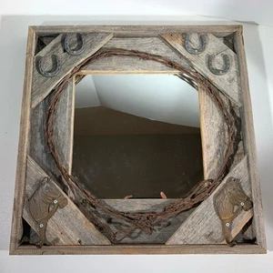Western Farmhouse Rustic Wood Wall Hanging Accent Mirror Coat Hat Hanger Decor - Picture 1 of 12