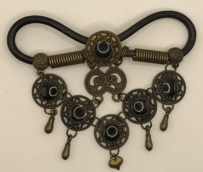 Vintage Bohemian Hair Barrette Leather Brass Faux Stones  (no stick ) - Image 1 of 4
