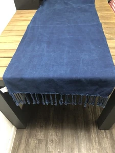 Pottery Barn Blue Table Runner 22x108" Bullion Fringes India Cotton NWOT - Picture 1 of 11