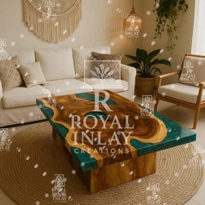Green Resin & Wood River Coffee Table – Handmade Boho Living Room Decor - Picture 1 of 9