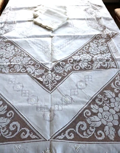 Italian Point Venise Linen Tablecloth Hand Needle Lace Floral Embroidery Napkins - Picture 1 of 19