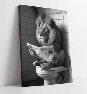 FUNNY LION SITTING ON TOILET BATHROOM DECOR CANVAS WALL ART PICTURE PRINT - Picture 1 of 2