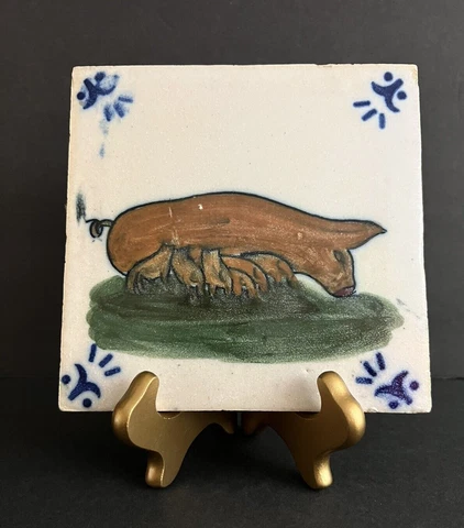 Antique Tile Trivet Hand Painted Pig & Piglets Lisboa Portugal Fabrica Santana Cover