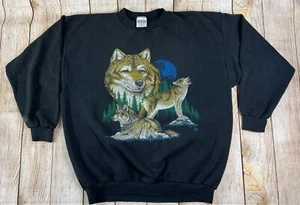 Vintage 90s Wolf Art Black Crewneck Sweatshirt Fleece Pullover USA 2XL - Picture 1 of 8
