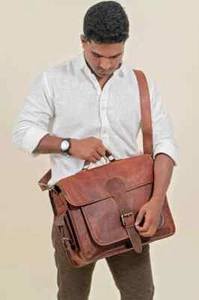 Men's New Real Goat Leather Vintage Brown Messenger Shoulder Flapover Briefcase - Picture 1 of 3