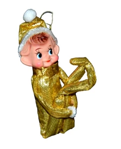 Knee Hugger GOLD LAME Elf Pixie Rubber Face Japan 11" Vintage Hanging Ornament - Picture 1 of 8