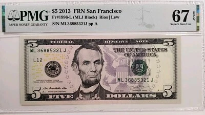 United States-Federal Reserve 5 Dollars 2013 Fr#1996-L(MLJ Block) Grade 67EPQ #2 - Image 1 of 4