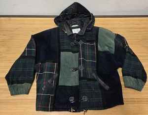 VINTAGE Brandon Thomas Jacket Womens Large Patchwork Plaid Hooded Duffle 90s - Picture 1 of 7