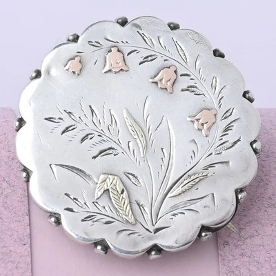 Antique Victorian Lily of the Valley Rose Gold Sterling Silver Locket Brooch Pin - Image 1 of 4