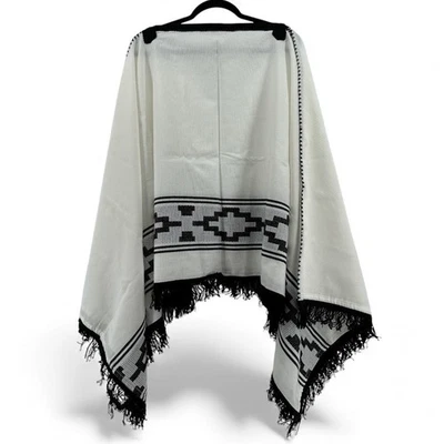 Women's White Black Aztec Fringe Kimono Poncho Shawl Wrap New - Image 1 of 4