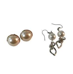 Faux Pearl Pierced Earrings Set Of 2 Stud Huggie Dangle Ivory White  - Picture 1 of 7