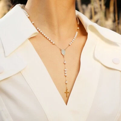 Collar Rosario Acero Inoxidable Perla Blanca Bola Cadena Religiosa Cruz Colgante Foto 1 de 4