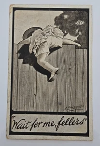Tarjeta postal antigua de “Wait Fer me, fellers” ~ firmada por el artista de A.E. Hayden - cómic 1910 - Imagen 1 de 2