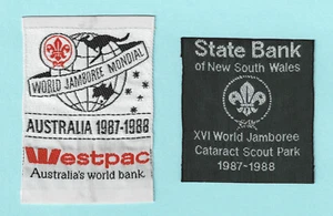 1987 World Scout Jamboree WESTPAC & NSW STATES BANK SCOUTS SOUVENIR PATCH SET - Picture 1 of 2