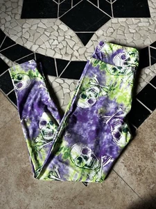 Lularoe OS Halloween Leggings Skulls Bones Skeleton Purple Neon Green White New - Picture 1 of 3