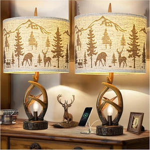 Farmhouse Deer Antler Table Lamp Set of 2 for Living Room with USB Ports, Rustic - Picture 1 of 7