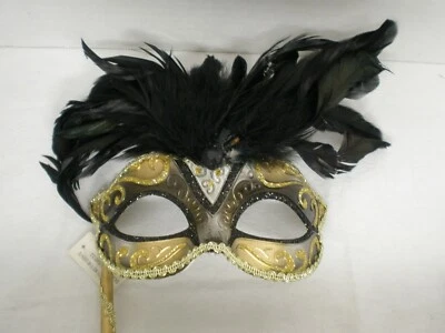 Handheld Stick Mask, Women Venetian Masquerade Mask Feathers Black Gold - Image 1 of 3