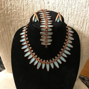 JUEGO DE PENDIENTES PULSERA COLLAR COBRE ESMALTE AZUL MATISE DE COLECCIÓN “ESPERA PRIMAVERA” - Imagen 1 de 8