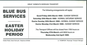 Great Yarmouth Transport - 1986 Blue Bus Services Poster Easter Holiday Period - Picture 1 of 1