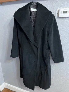 Calvin Klein Black Long Angora Wool Coat Size 14 Overcoat Womens - Picture 1 of 7